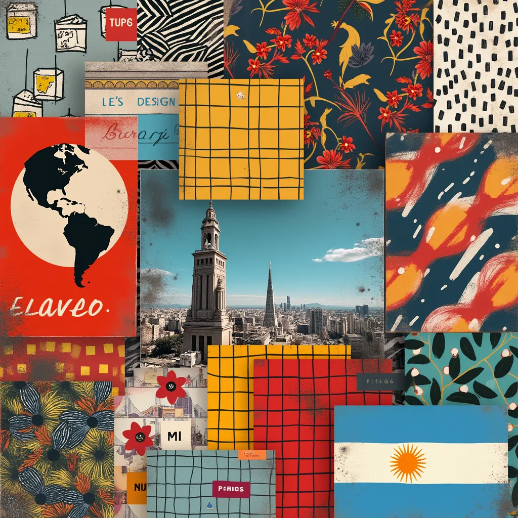 Collage vibrante representando la creatividad y diversidad del diseño argentino